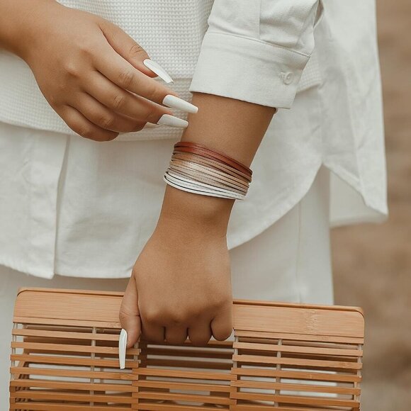 ✨ Fancy Shiny Leather Wrap Bracelet Women White Stackable Bangle Cuff Jewelry - Picture 2 of 7